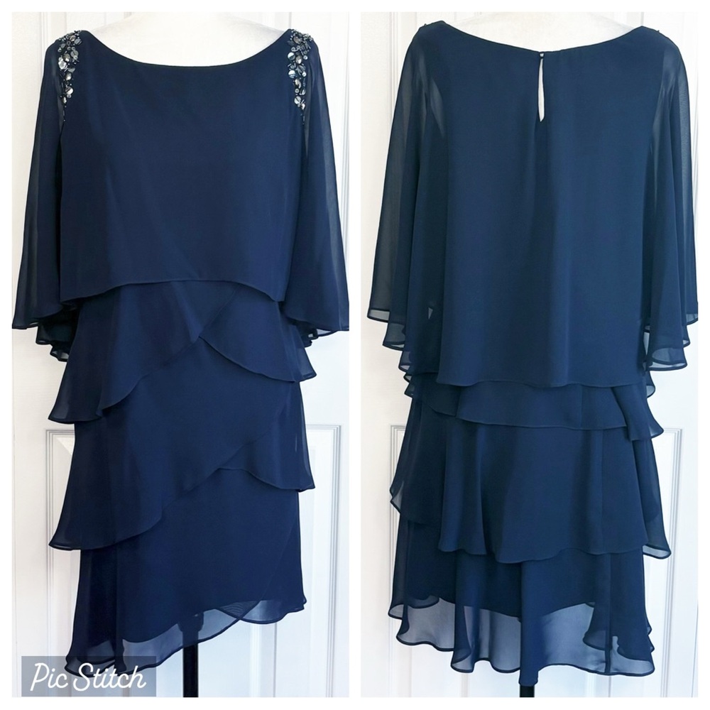 SLNY Formal Navy Blue Chiffon Beaded Tiered Ruffle Capelet Dress 12